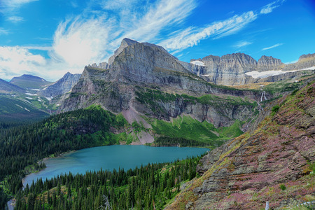 Grinnell Glacier and lake in Glacier National Parkの写真素材