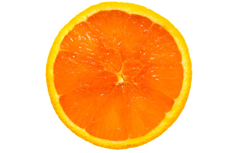 one piece of slice orange isolated on white backgroundの写真素材
