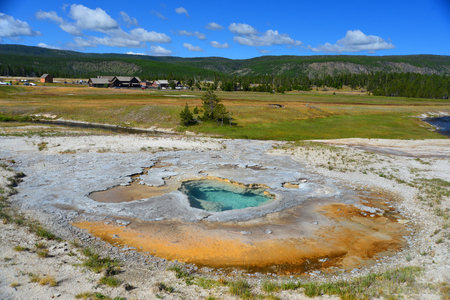 Hot geyser pool in Old Faithful area of Yellowstone National Parkの写真素材