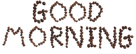 Isolated Word 'GOOD MORNING' make from coffee bean on white backgroundの写真素材