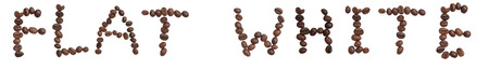 Isolated Word 'FLAT WHITE' make from coffee bean on white backgroundの写真素材