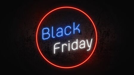 Black friday.Neon sign banner promo background. Concept of sale and clearance.の写真素材