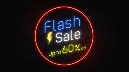 Flash sale 60%.Neon sign banner promo background. Concept of sale and clearance.の写真素材