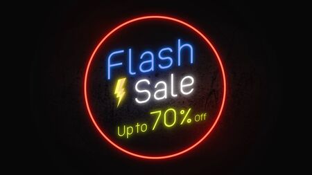 Flash sale 70%.Neon sign banner promo background. Concept of sale and clearance.の写真素材