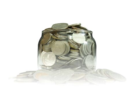 Saving money in jar, Money isolated on white backgroundの写真素材
