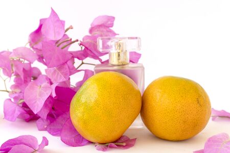 Orange,Perfume and Bougainvillea flowers isolated on white backgroundの写真素材