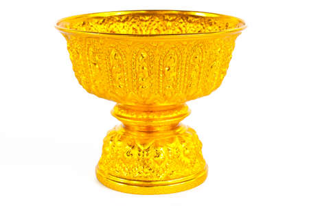 Gold tray with pedestal on white backgroundの写真素材