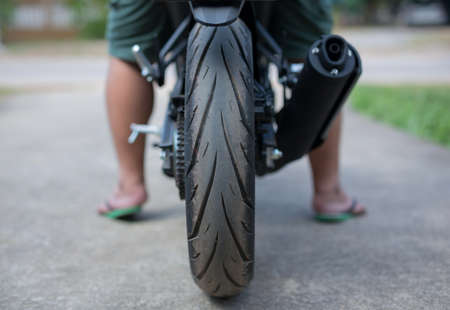 close up of motorcycle wheel, focus tyreの写真素材