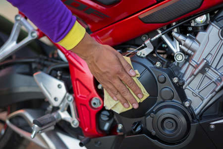 close up cleaning motorcycle engineの写真素材