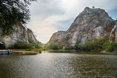 Scenic view of mountain against sky. Mountain and lake in park.