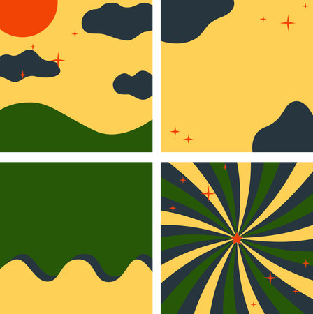 Bundle of abstract retro background in autumn style. Mountain, cloud, wave and windmill hand drawing.の写真素材