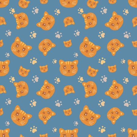Seamless pattern with orange cat faces and cat paws. Creative childish texture. Great for fabric, hand drawing textile Illustration.の写真素材