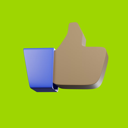 3D rendering block shape thumb up hand gesture isolated on green background. Hand thumb up or like sign.の写真素材