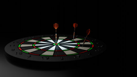 Close-up shot Bullseye or dart board has dart arrow accurately hitting the center. Conceptualizing for target and goal of business, success aim and winning the competition. 3D rendering.の写真素材