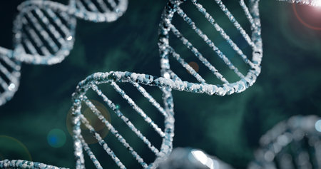DNA. Abstract 3d geometry chromosome molecule helix spiral on blue. Genetic biotechnology, chemistry biology, Medical science, gene cell concept illustration. 3D rendering illustration.の写真素材