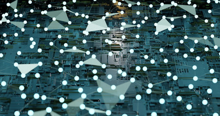 Abstract circuit board with electronic components and foreground neural network. Big data analysis...