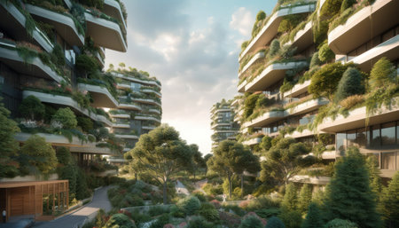 Modern apartment buildings with green trees and bushes in the city. Blurred background.の素材