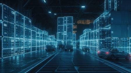 3d rendering of abstract night city with neon lights and cars on roadの素材
