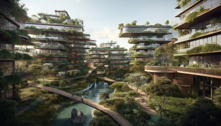 3D render of a green city with trees and buildings in the backgroundの素材