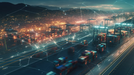 Cargo shipping and logistics concept with double exposure of cityscape at night.の素材