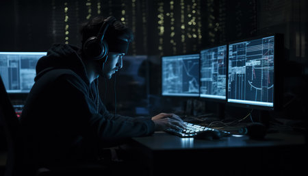 Cyber security concept. Young hacker in black hoodie and headphones using computer at nightの素材