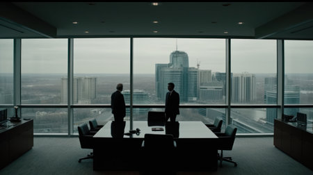 Silhouette of two business people working in a modern office.の素材
