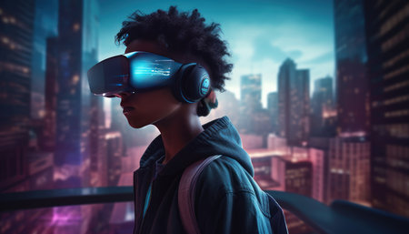 Young african american woman wearing virtual reality headset against night cityscapeの素材