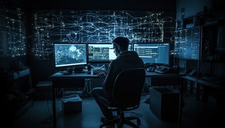 Cyber security concept. Hacker in the dark room at night.の素材