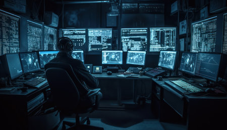 Cyber security agent working on a computer in a server room.の素材