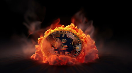 Bitcoin on fire with flames. 3d illustration. Conceptual image.の素材