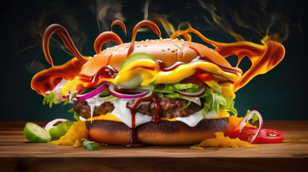 Hamburger with ketchup, cheese and vegetables on wooden tableの素材