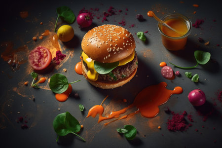 Cheeseburger with fresh vegetables and sauce on a black backgroundの素材