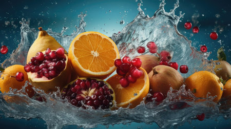 Fruits in water splash on blue background. Healthy food concept.の素材