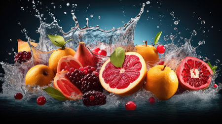 Fresh fruits with water splash on dark background. Healthy eating concept.の素材