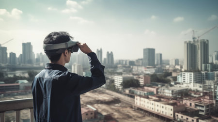 Young man wearing virtual reality glasses and looking at the city view.の素材