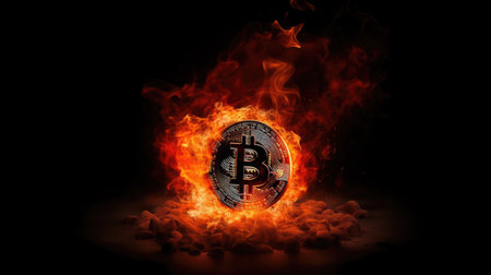 Burning bitcoin in fire on black background. Cryptocurrency conceptの素材