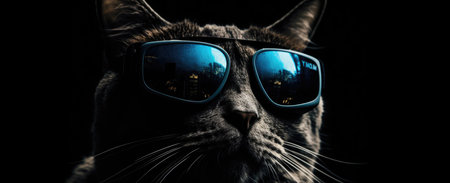 Cat in sunglasses on a black background. The cat is wearing a blue sunglasses.の素材