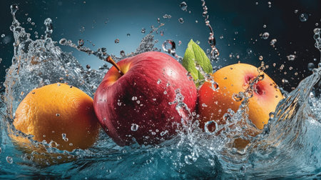 Fruits with water splash on dark blue background. Healthy food concept.の素材