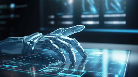 Robot hand touching holographic screen 3d rendering on dark backgroundの素材