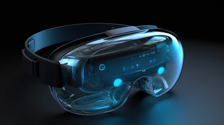 Virtual reality goggles on black background. 3D rendering of VR headsetの素材