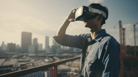 Young asian man using virtual reality glasses with cityscape background.の素材