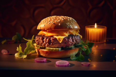 Cheeseburger with beef patty, onion, lettuce and a lit candleの素材