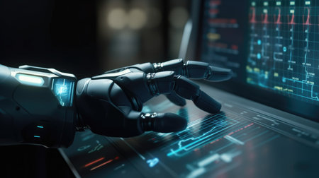 3d rendering humanoid robot hand touching screen with stock market data displayの素材