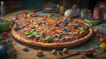 Pizza with mushrooms, olives and tomatoes on a wooden tableの素材