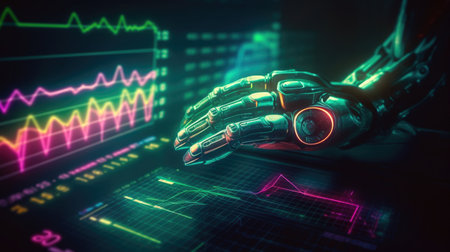 3d rendering robot hand touching hologram screen with stock market chartの素材