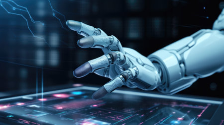 Robot hand touching digital screen on dark background 3D rendering.の素材