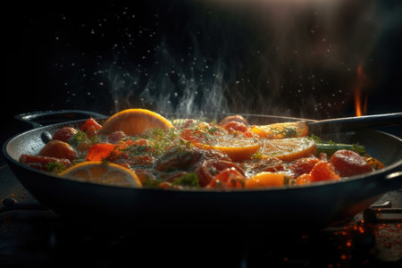 Frying pan with food on dark background. Preparation of vegetable stew.の素材