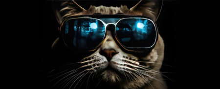 Cat wearing sunglasses with reflection on a black background. Selective focus.の素材