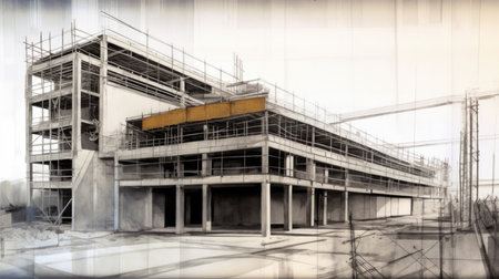 3D rendering of a large industrial building under construction with scaffoldingの素材
