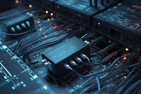 Close-up of circuit board with electronic components. 3D renderingの素材